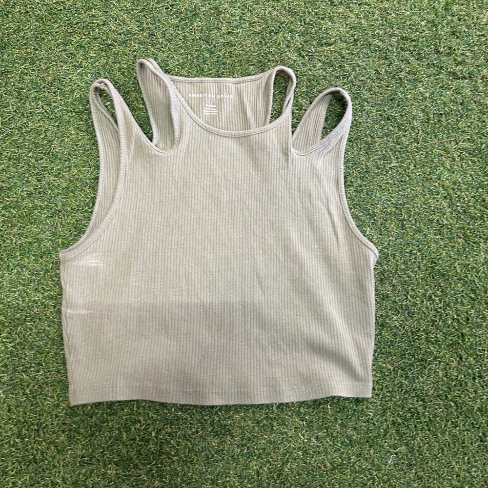 American Eagle Olive Green Ribbed Double Strap Cutout Racerback Crop Tank Top M